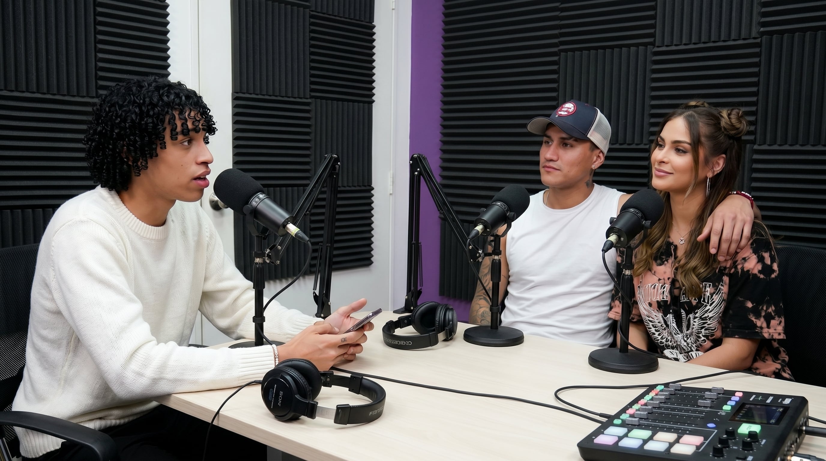 Valentino, acompañado por dos personas, explica en un estudio de podcast que la historia sobre Sebastián Gálvez fue una broma malinterpretada por el público. (Imagen Ilustrativa Infobae)