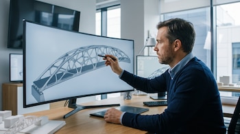 Un hombre frente a un monitor grande con un modelo 3D de un puente. En el escritorio hay un teclado, una tableta y una maqueta de puente.