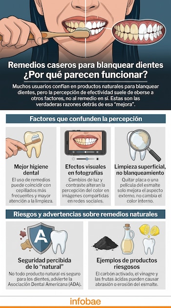 Infografía con ilustraciones de una persona cepillándose los dientes, una pantalla con fotos de antes y después, y productos como limón y carbón.