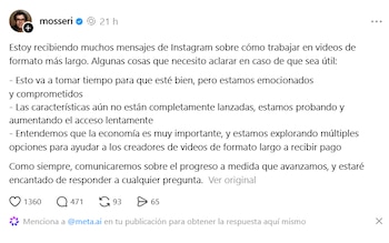 Captura de pantalla de una publicación en redes sociales del perfil verificado mosseri con un texto sobre videos de formato largo en Instagram