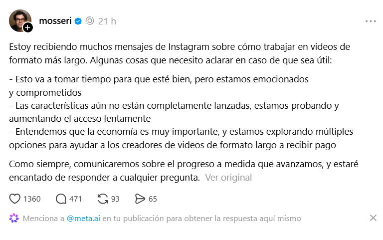 El director de Instagram, Adam Mosseri, explica el proceso de prueba y los planes de monetización para los videos de formato largo. (Threads)