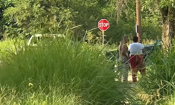 Vista de un área con vegetación alta, árboles, un cartel de STOP rojo y dos mujeres de espaldas en una zona rural, con un vehículo parcialmente visible