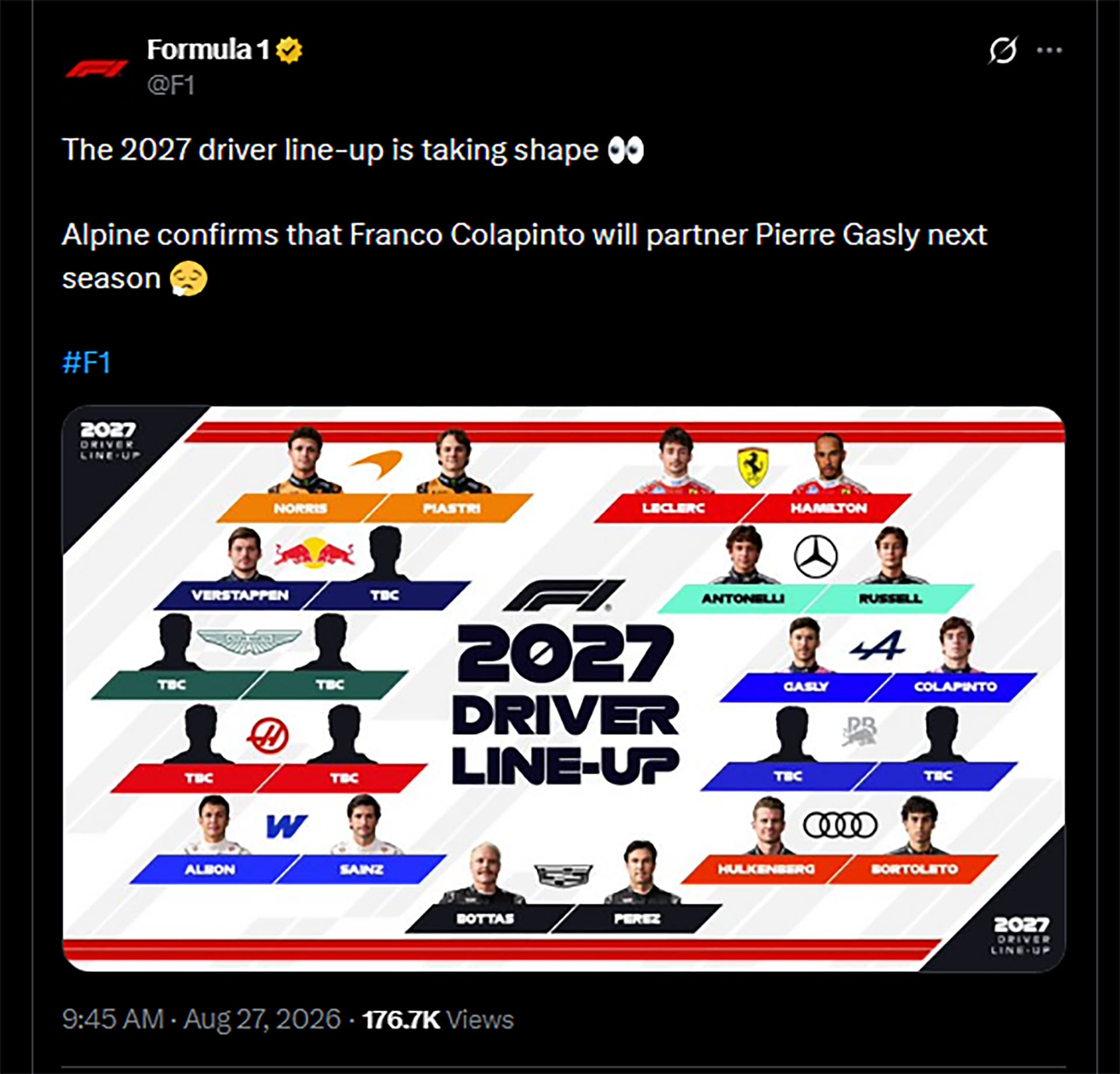 Un mensaje oficial de la Fórmula 1 en redes sociales confirma al piloto argentino Franco Colapinto como compañero de Pierre Gasly en la escudería Alpine.