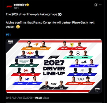 Captura de una publicación en redes sociales de la Fórmula 1 con una gráfica de los pilotos confirmados para la temporada 2027