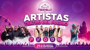 Cartel de la Feria de Fresnillo 2026 con grupos musicales y un solista. Incluye texto 'Artistas Teatro del Pueblo' y fechas.
