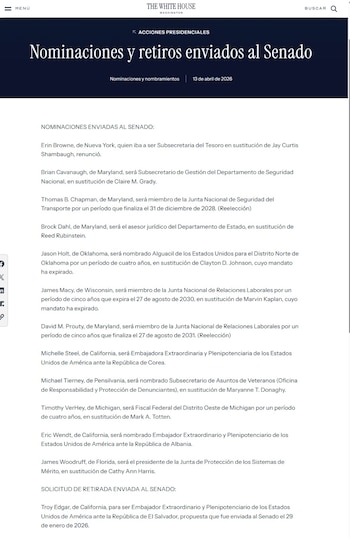 Una notificación oficial puso fin al proceso que buscaba su confirmación en el Senado como embajador estadounidense (Captura de pantalla del portal oficial de la Casa Blanca consultado al 13 de abril de 2026)