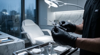 Manos con guantes negros sostienen una jeringa sobre una bandeja metálica en una sala con un sillón médico blanco.