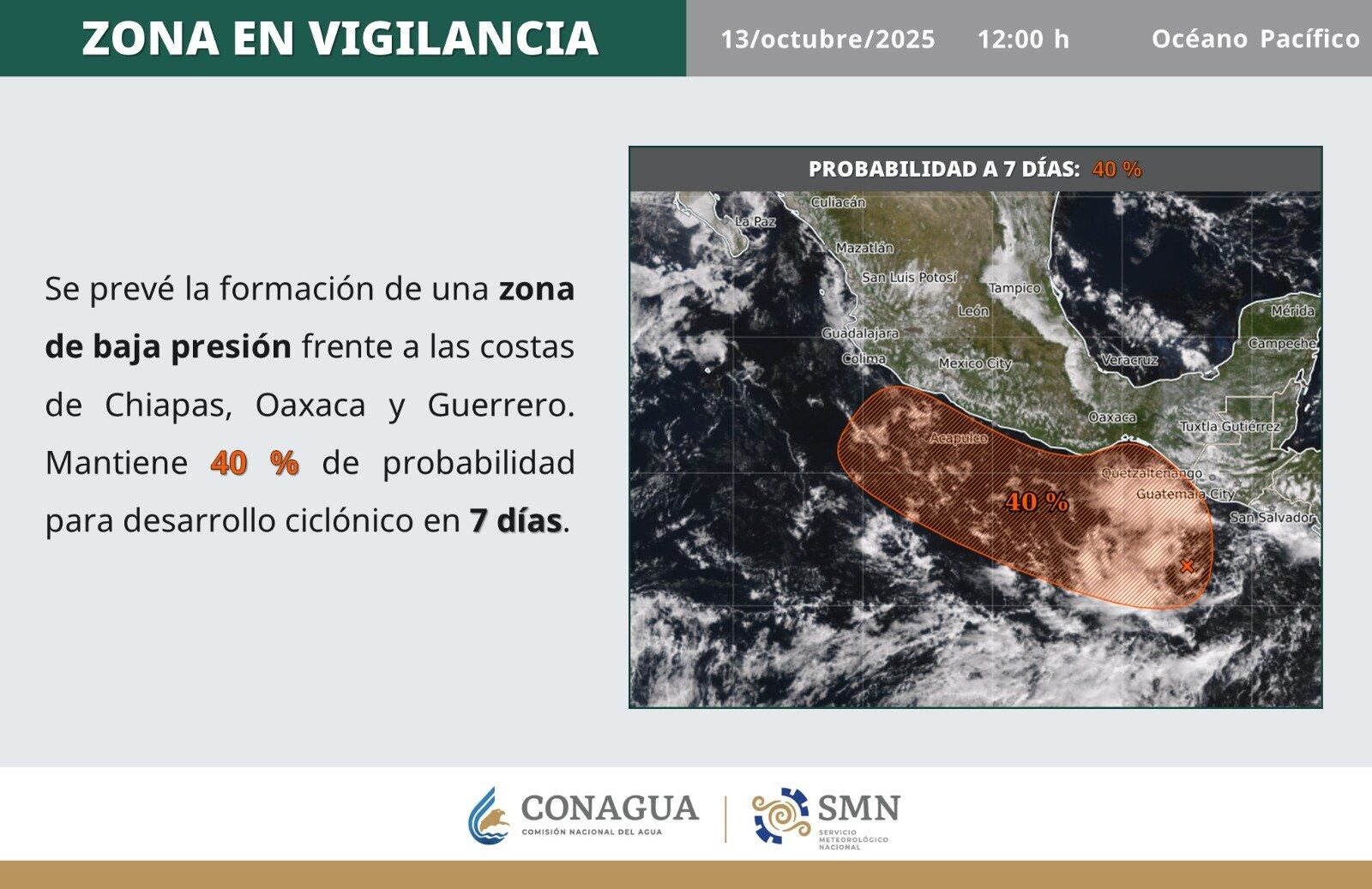 El SMN vigila una zona de baja presión frente a Chiapas y Oaxaca.FOTO: Conagua clima