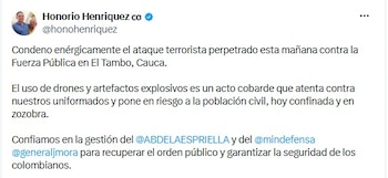 La mañana del miércoles 26 de agosto de 2026 en el centro de El Tambo, Cauca, esta siendo marcada por una serie de ataques armados que alteraron por completo la rutina de sus habitantes. El presidente del Senado se refirío a los hehcos - crédito @honohenriquez/X