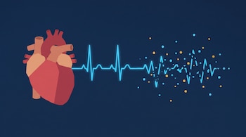 Un corazón anatómico estilizado sobre un fondo azul oscuro junto a una línea de electrocardiograma que se fragmenta en puntos.