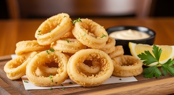 Una ración de calamares fritos dorados y rebozados, conocidos como Kalamar tava, apilados sobre papel blanco en una tabla de madera, con un gajo de limón y salsa.