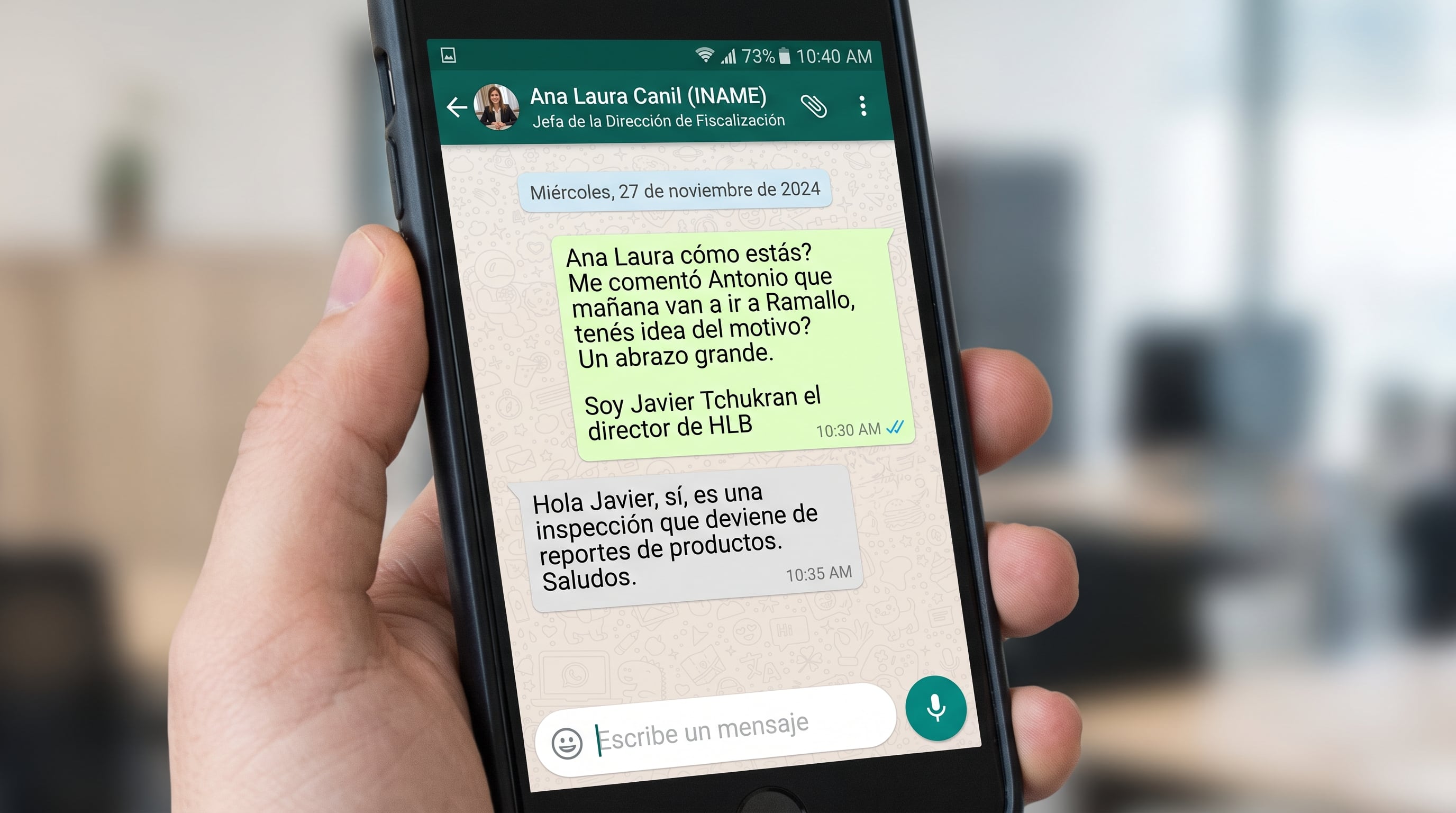 Conversación de WhatsApp entre Ana Laura Canil, jefa de Fiscalización del INAME, y Javier Tchukran, director de Manufactura de HLB, sobre una inspección en Ramallo. (Imagen Ilustrativa Infobae)
