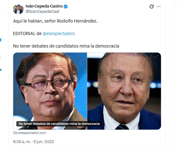El candidato Iván Cepeda Castro criticó a Rodolfo Hernández en su momento por no asistir a debates - crédito @IvanCepedaCast/X