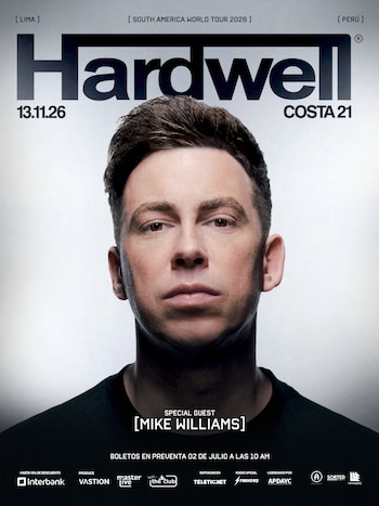 Afiche de concierto con un retrato de Hardwell. Incluye texto con el nombre del artista, fecha, lugar, país, gira y artistas invitados