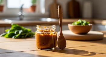 Primer plano de un frasco de pasta de miso con una cuchara de madera sobre una mesa de madera. La escena está bañada por luz natural y el fondo de la cocina está desenfocado.