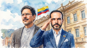 Ilustración acuarela de dos hombres: uno con gafas, y otro con barba saludando. Detrás, la bandera de Colombia y un edificio clásico bajo un cielo azul.
