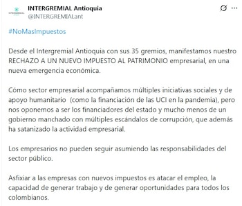 Intergremial Antioquia expuso que los