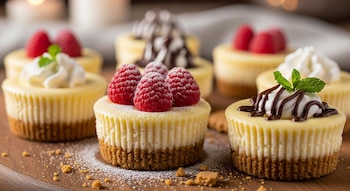 Varios mini cheesecakes con base de galleta y cubierta cremosa. Algunos tienen frambuesas, otros crema batida, sirope de chocolate y hojas de menta.