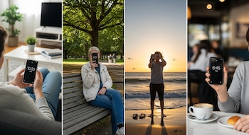Imagen compuesta de cuatro escenas: personas mirando la hora en sus celulares en un sofá, un banco de parque, una playa al atardecer y una cafetería.