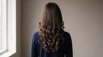 Vista de espaldas de una mujer con cabello castaño largo, liso arriba y con rizos en las puntas, vistiendo una prenda azul junto a una ventana.
