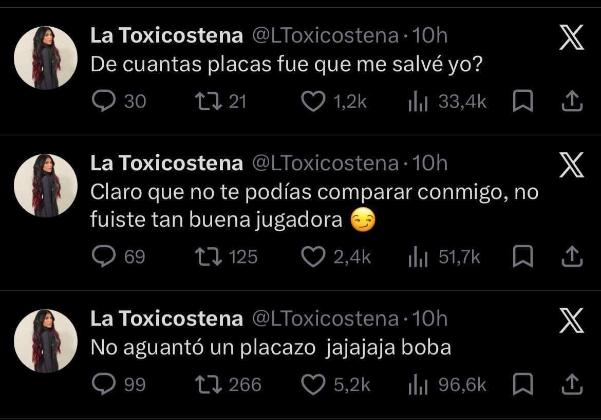 Estos fueron los mensajes que compartió la Toxi Costeña en sus redes sociales sobre la eliminación de Beba - crédito @Ltoxicostena/X