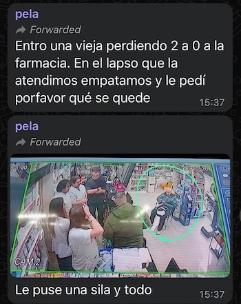 Captura de pantalla de chat con mensajes de texto, incluye imagen de cámara de seguridad de farmacia donde se ve a una mujer sentada en una silla y otras personas de pie