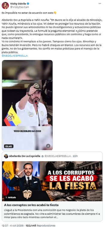 Vicky Dávila está de acuerdo con las declaraciones que hizo Abelardo de la Espriella sobre Yahir Acuña - crédito @VickyDavilaH/X