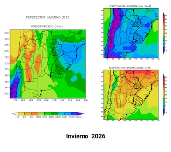 Mapas de perspectivas climáticas para el invierno 2026 en la zona agrícola núcleo de Argentina