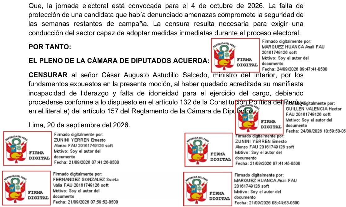 Un documento oficial de la Cámara de Diputados de Perú acuerda censurar al ministro del Interior César Augusto Astudillo Salcedo por falta de idoneidad en el cargo.