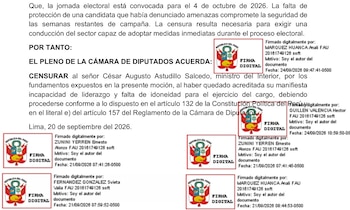 Fragmento de un documento en español con el acuerdo de censura ministerial y sellos de firmas digitales de la República del Perú