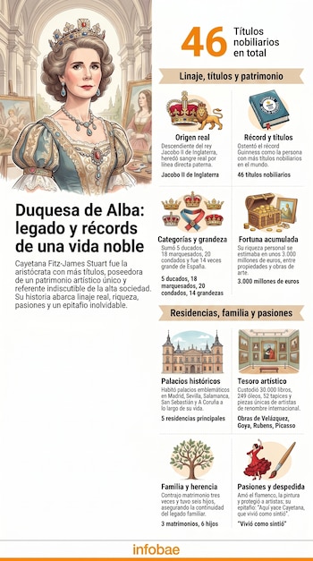 Infografía vertical sobre la Duquesa de Alba, Cayetana Fitz-James Stuart, con su retrato, títulos nobiliarios, linaje, patrimonio y pasiones en bloques con iconos.