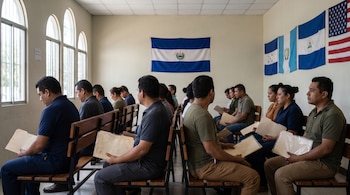 Varias personas sentadas en bancas de madera con carpetas de documentos. Pared blanca con banderas de El Salvador, Honduras, Guatemala y Estados Unidos.