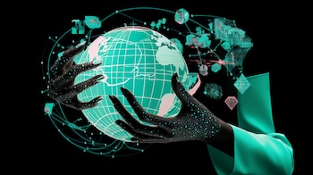 Una imagen simbólica de manos sosteniendo el planeta Tierra, representando la conexión global a través de internet, la tecnología y las redes sociales. (Imagen ilustrativa Infobae)