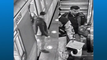 Dos imágenes de vigilancia en blanco y negro muestran a un hombre con campera oscura y pantalones claros, una en el andén del metro y otra en una escalera mecánica