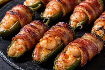 Chiles jalapeños verdes rellenos de camarones y envueltos con rebanadas de tocino cocido alineados sobre un plato negro.