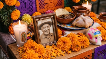 Mesa con un retrato enmarcado, flores de cempasúchil, una vela encendida, pan de muerto, un cuenco con comida y una calavera de azúcar.