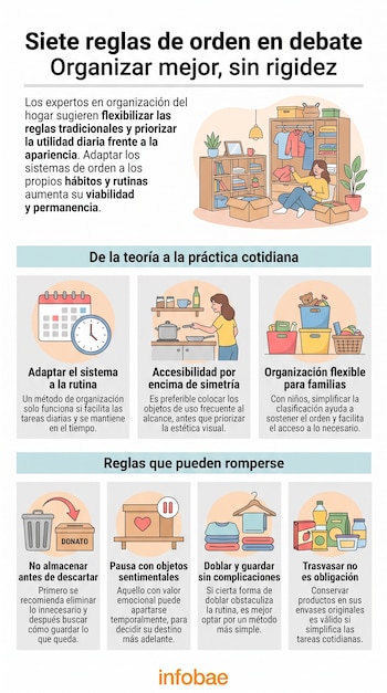 Infografía ilustra siete reglas de orden en el hogar con calendario, reloj, mujer en cocina, cestas, bote, caja, ropa y envases de productos.