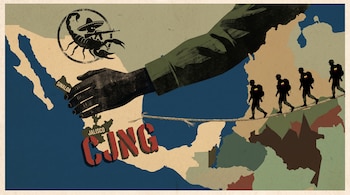 Mapa de México y Colombia, una mano oscura, símbolo de escorpión, texto Sinaloa, texto Jalisco, letras CJNG, siluetas militares con banderas de Colombia sobre una cuerda.