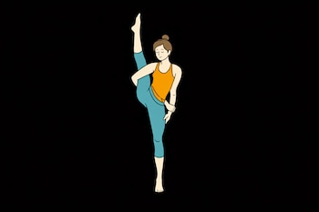Ilustración de mujer en ropa deportiva sosteniendo una pierna estirada verticalmente con ambas manos, mientras se equilibra sobre la otra pierna.