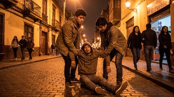 Dos jóvenes levantan a un tercero sentado en el suelo de una calle adoquinada de noche. Al fondo hay edificios, farolas y peatones.