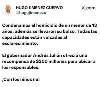 Hugo Jiménez Cuervo rechazó el crimen y anunció apoyo institucional para esclarecerlo - crédito @hugojimenezc/X