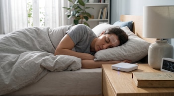 Persona durmiendo en cama con un parche en la frente. Mesa de noche con dispositivo, lámpara, reloj y libro. Fondo con ventana, planta y estantería.