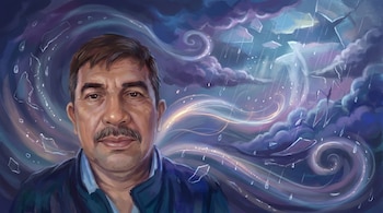 Retrato digital de un hombre con bigote mirando al frente, con un fondo azul y morado de nubes, lluvia, espirales de luz y trozos de cristal flotando.
