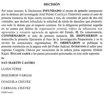 Resolución que rechaza la apelación