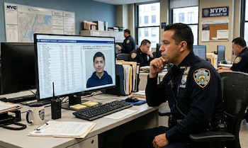 Oficial del NYPD de perfil sentado en un escritorio, mirando una pantalla de computadora que muestra perfiles de miembros de pandillas y la foto de un joven