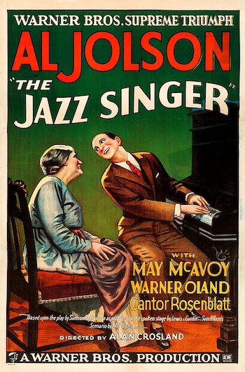 Cartel de cine ilustrado con Al Jolson sonriendo mientras toca el piano junto a una mujer sentada en una silla, sobre un fondo verde