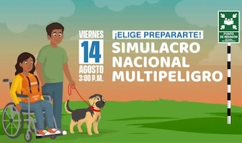 Ilustración: mujer en silla de ruedas con mochila, hombre, perro con correa, cartel de punto de reunión y texto 'Simulacro Nacional Multipeligro'