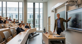Un profesor de mediana edad señala una pantalla interactiva con gráficos circulares en un aula moderna, con estudiantes sentados en escritorios y grandes ventanales.