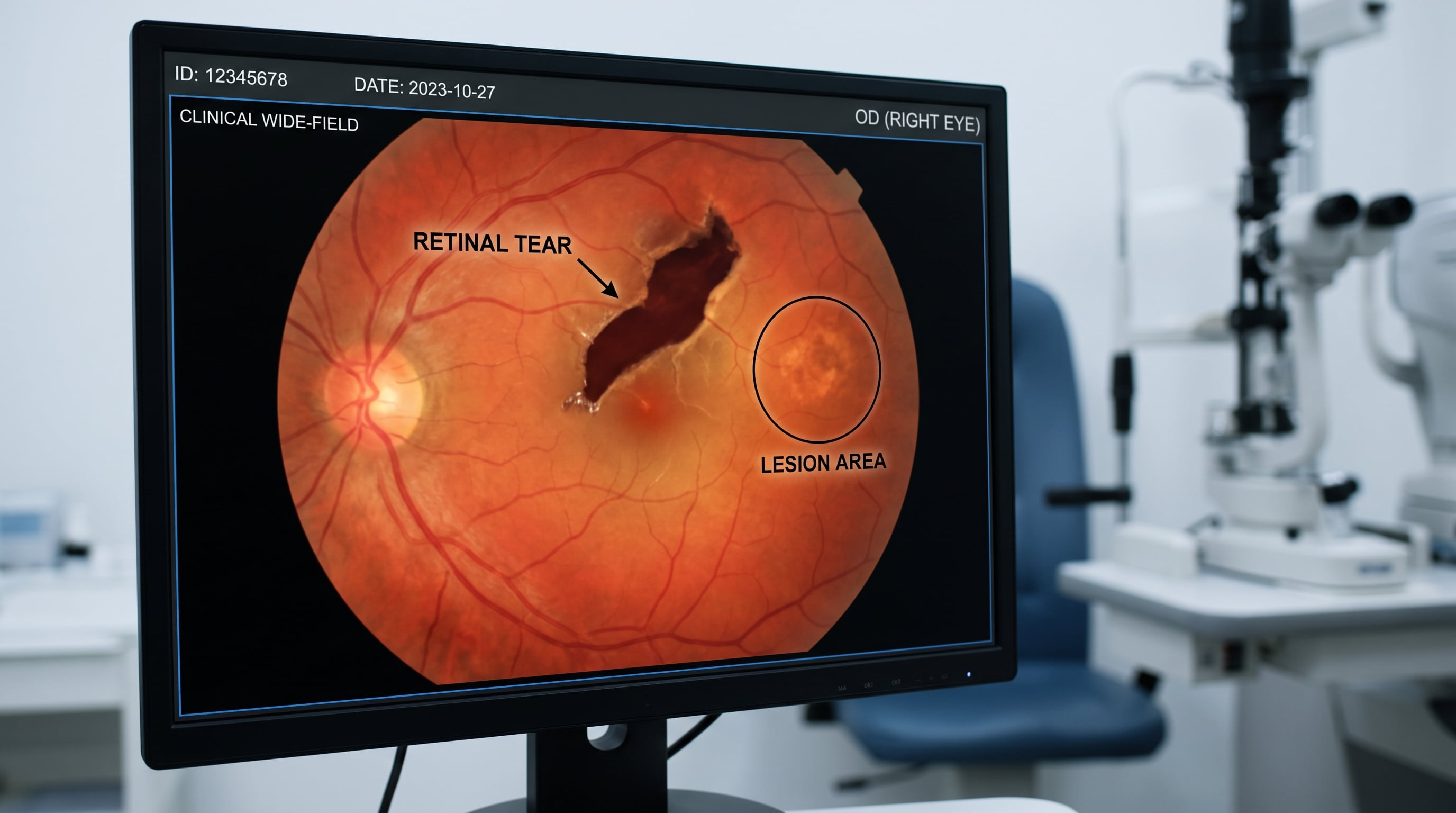 Un monitor de computadora muestra una imagen clínica de campo amplio de la retina del ojo derecho, que indica un desgarro retiniano y una zona de lesión. (Imagen Ilustrativa Infobae)