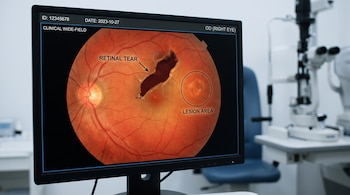 Monitor de computadora muestra una imagen de campo amplio de la retina del ojo derecho con un desgarro retiniano y un área de lesión. Detrás hay equipo médico.